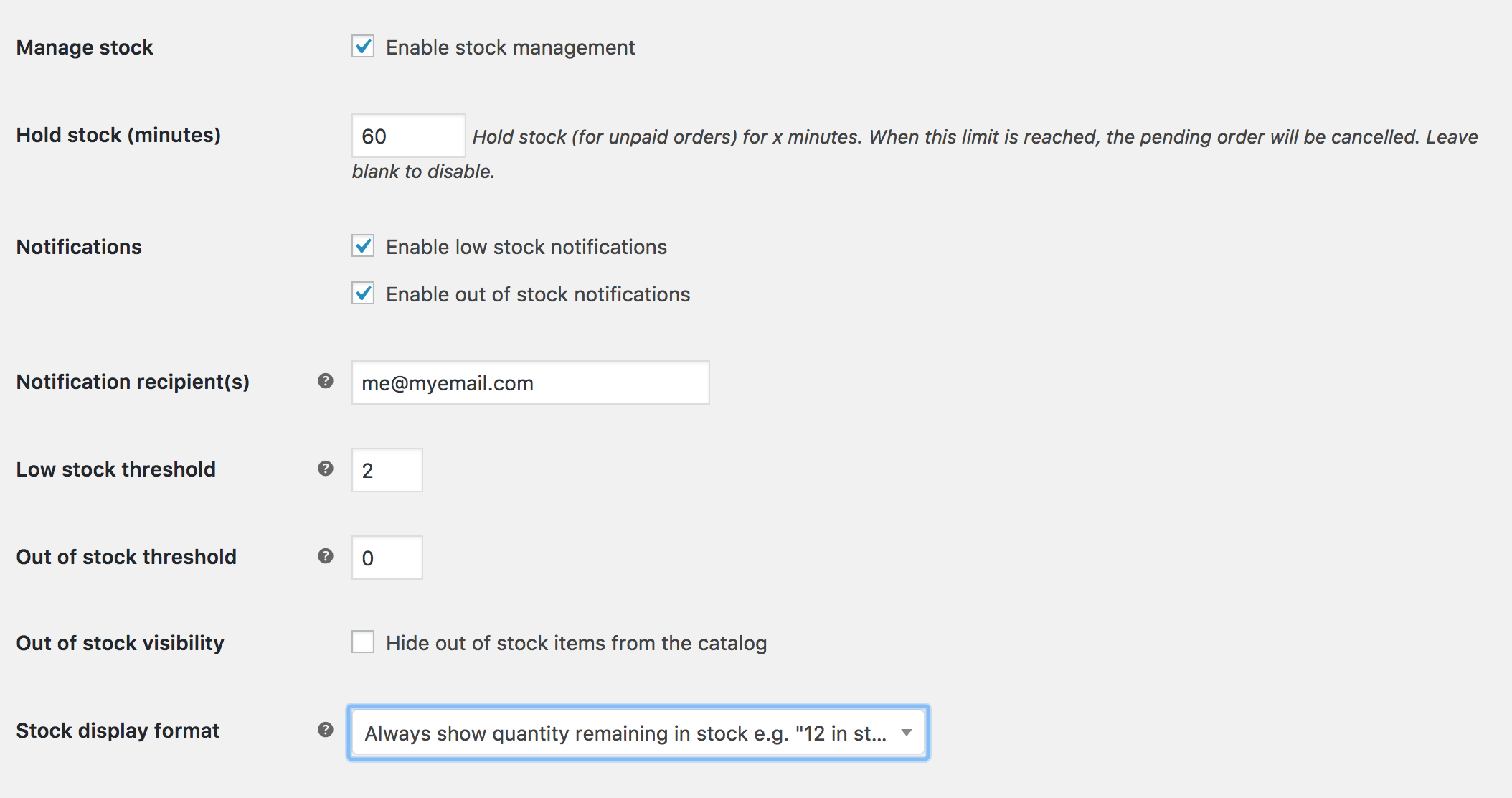 WooCommerce global inventory settings