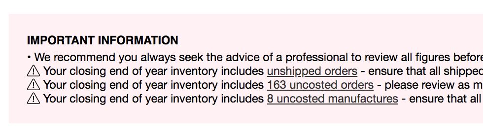 Schedule C report including uncosted orders tally